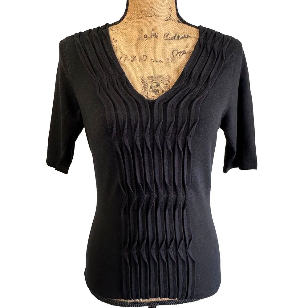 Etcetera Black Pintuck Ribbed V-Neck Stretch Short Sleeve Knit Top Sweater Sz S